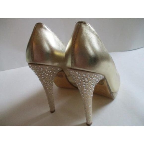 Mariah Carey Gold Champagne Rhinestone Peep Toe Stiletto Pumps - Size 6 - Picture 5 of 8